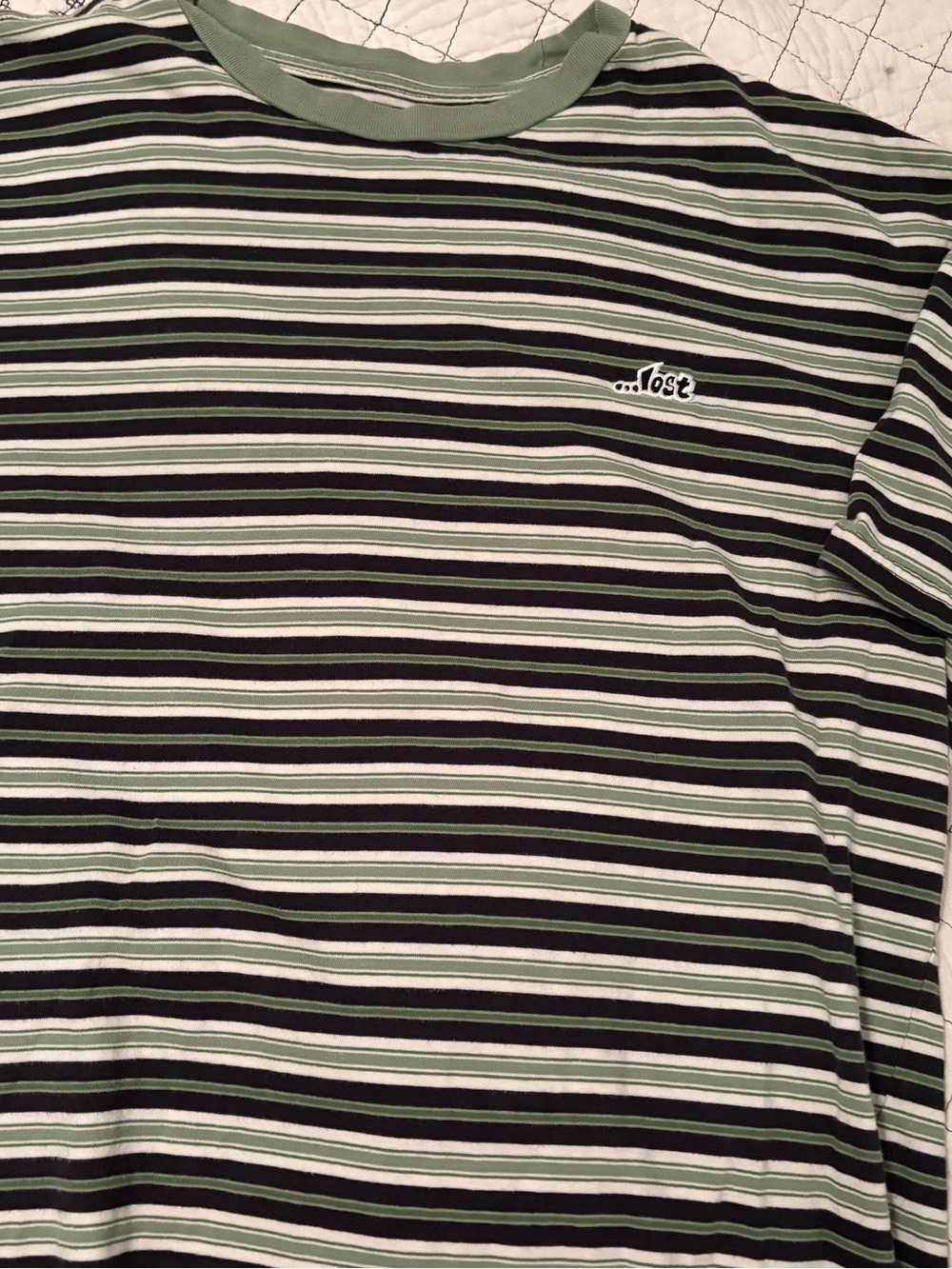 Lost Men's Striped Crewneck Tee in Green, Black & White XL